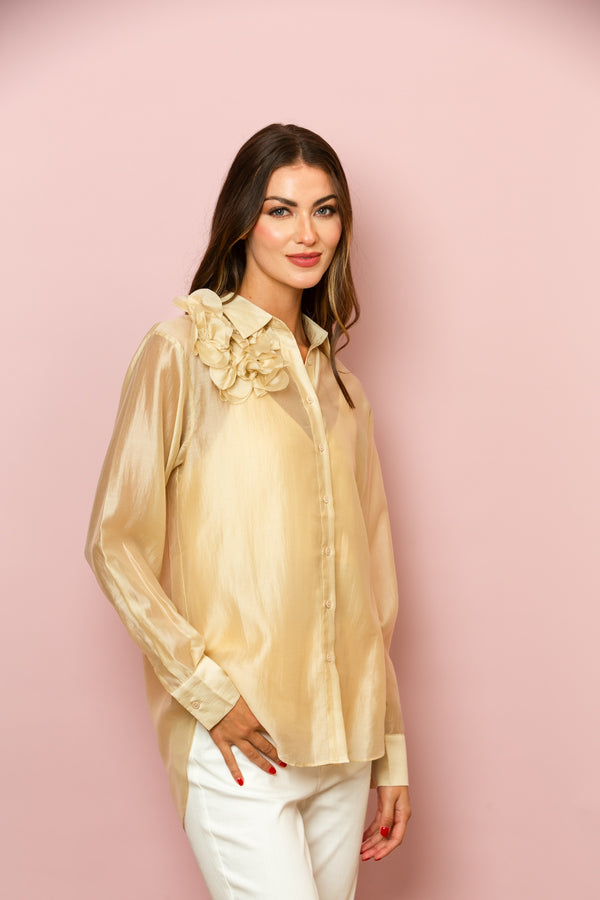 Button Down Shirt with Flower Applique In Beige