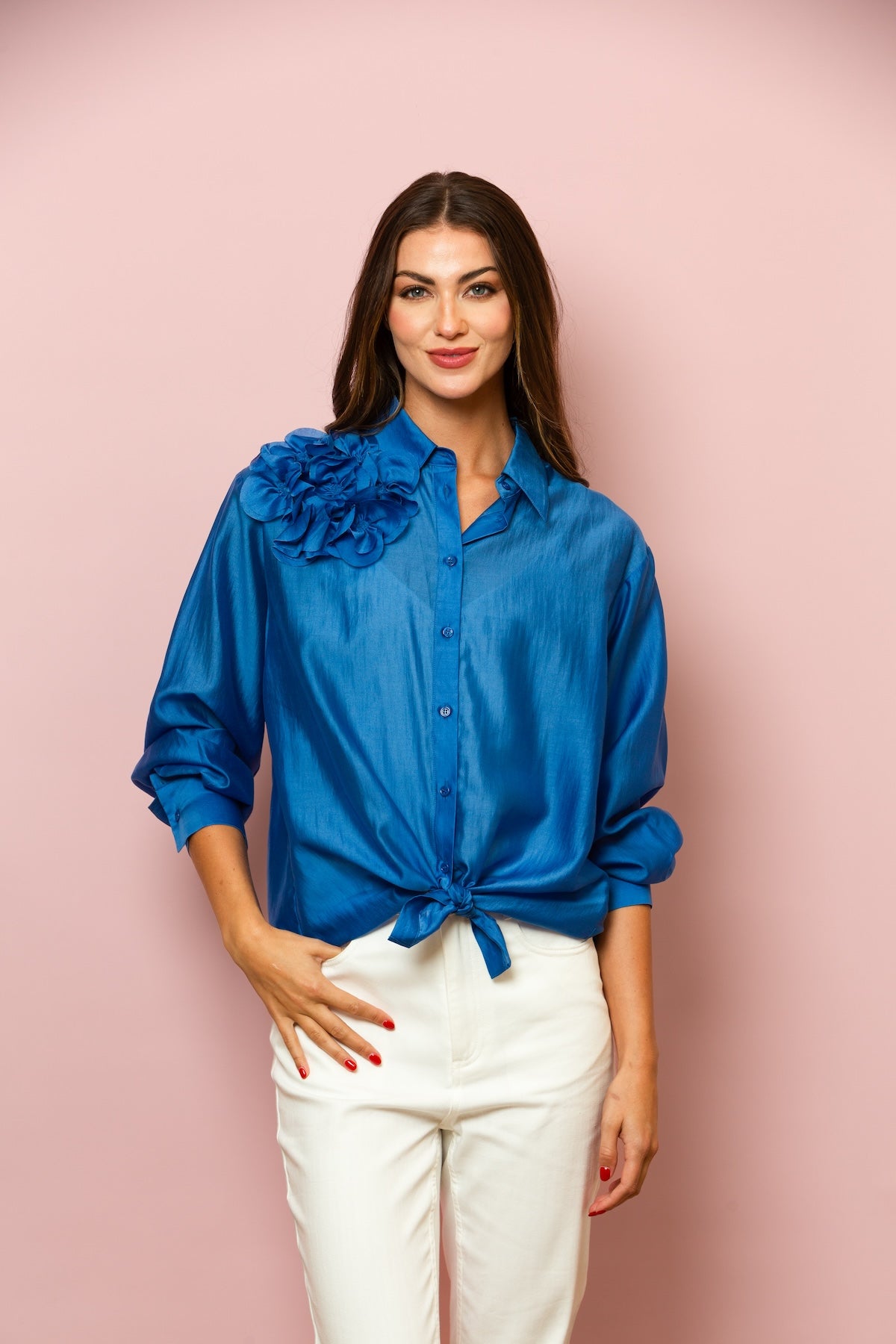 Button Down Shirt with Flower Applique In Blue Jessie Liu Collection Button Down Shirt with Flower Applique In Blue Jessie Liu Collection