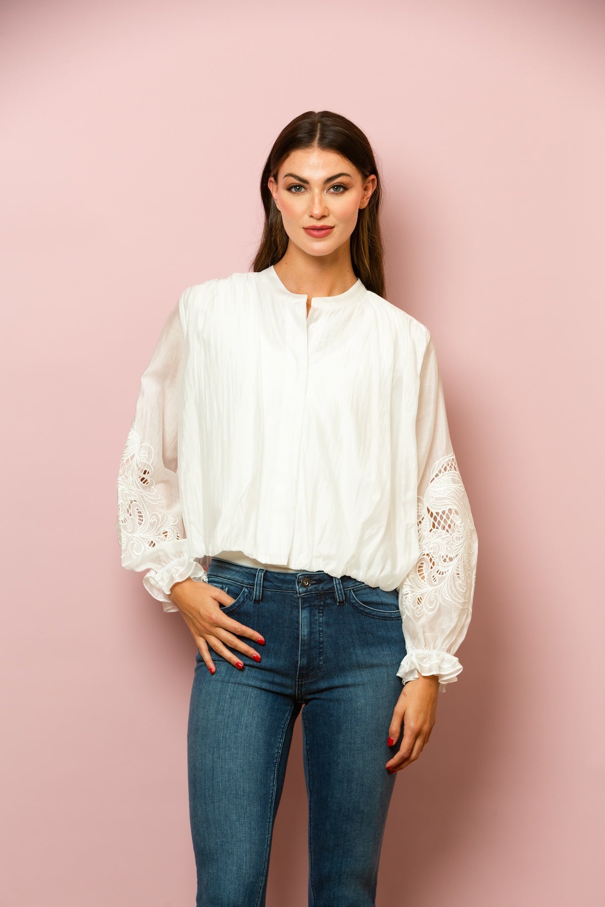 Dana Silk Cotton Button Down Blouse In White