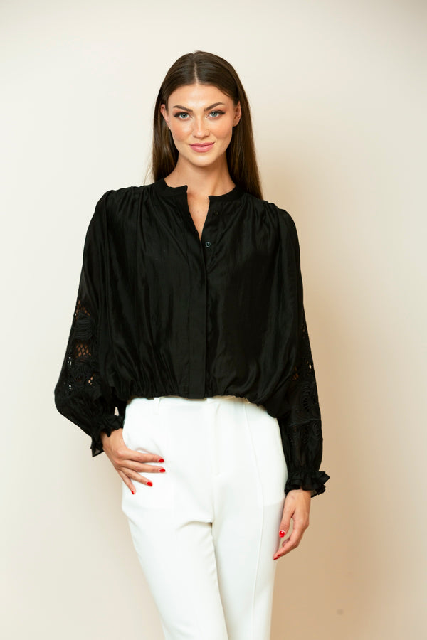 Dana Silk Cotton Button Down Blouse In Black