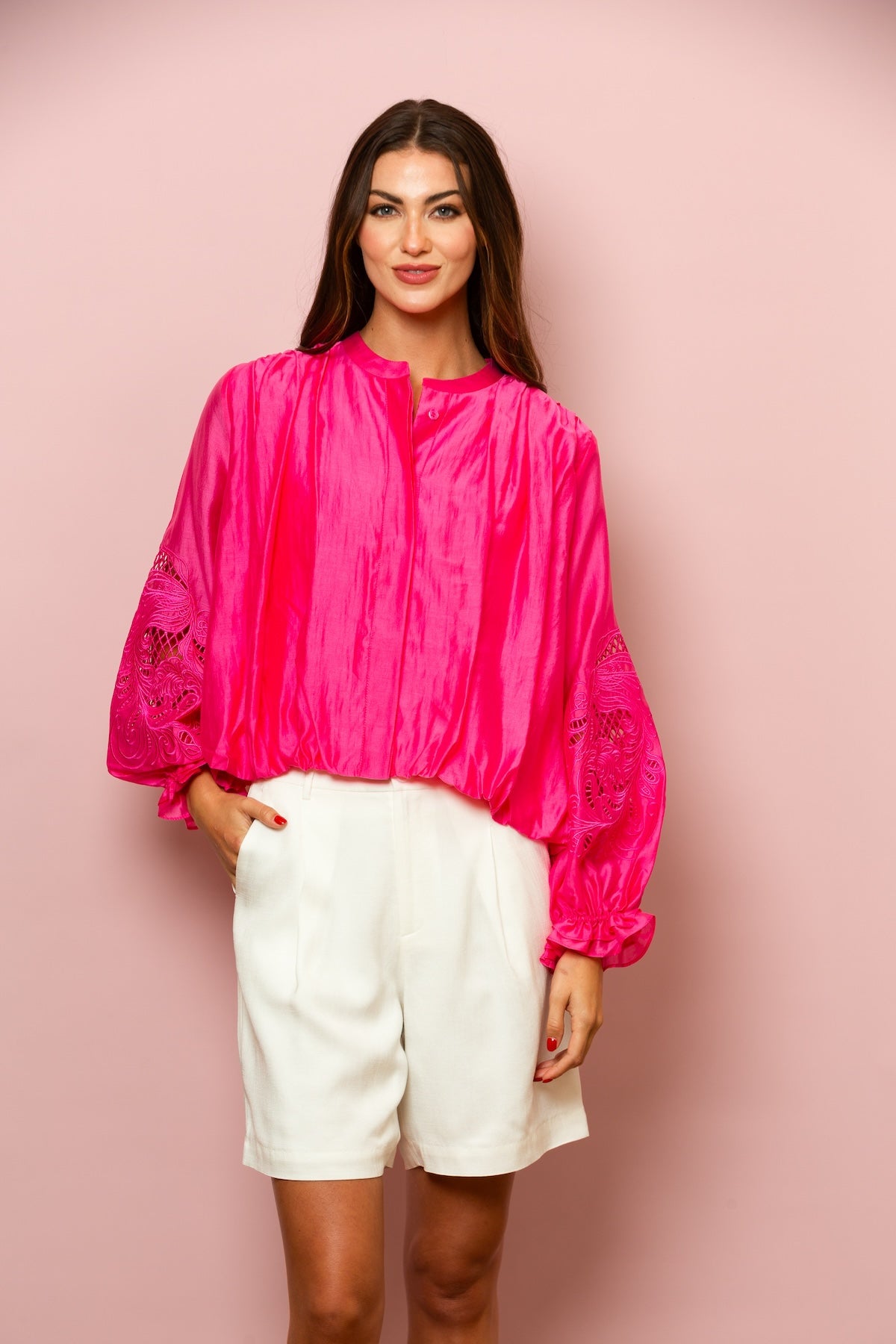 Dana Silk Cotton Button Down Blouse In Fuchsia