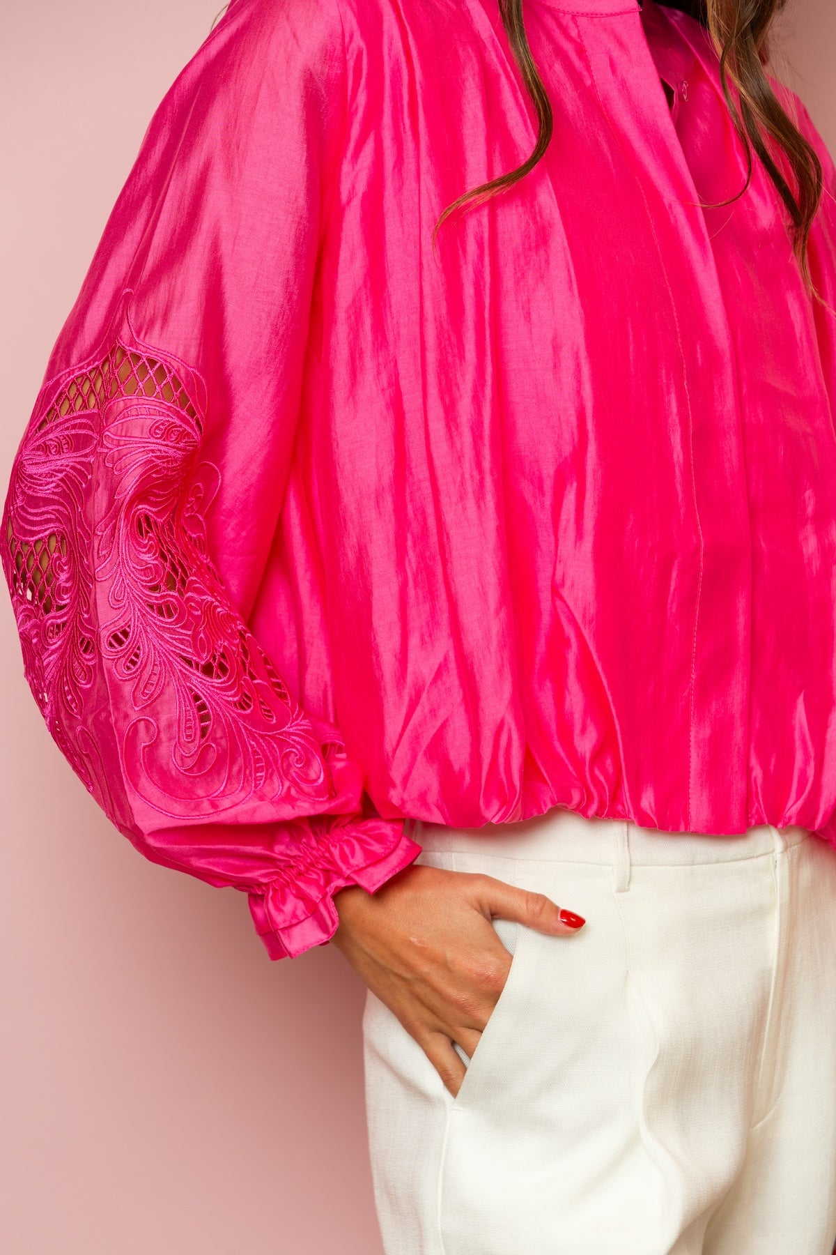 Dana Silk Cotton Button Down Blouse In Fuchsia