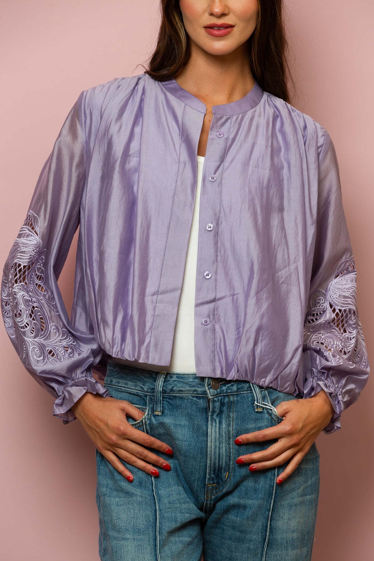 Dana Silk Cotton Button Down Blouse In Lavender