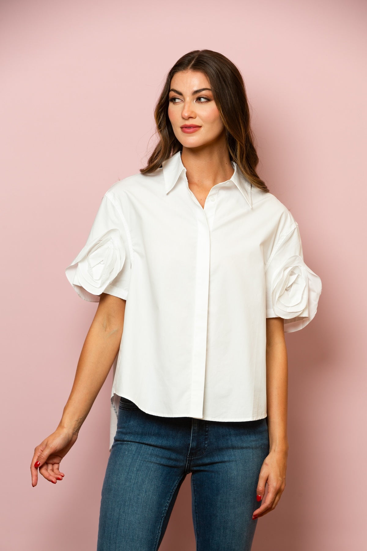 Button Down Cotton Shirt with Flower on Sleeves In White