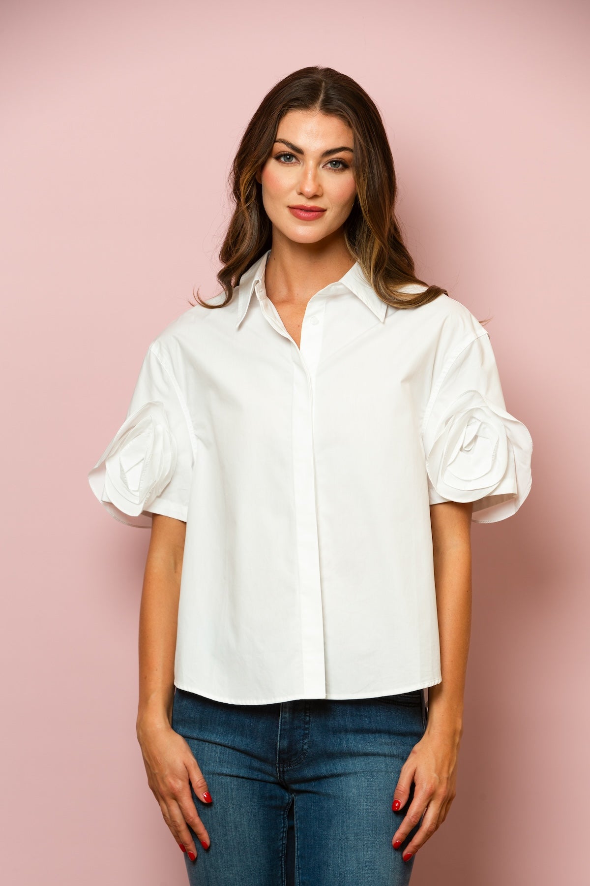 Button Down Cotton Shirt with Flower on Sleeves In White