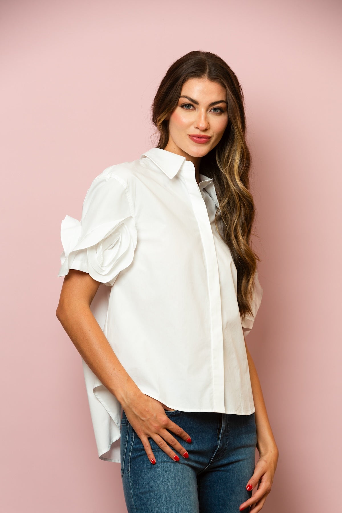 Button Down Cotton Shirt with Flower on Sleeves In White