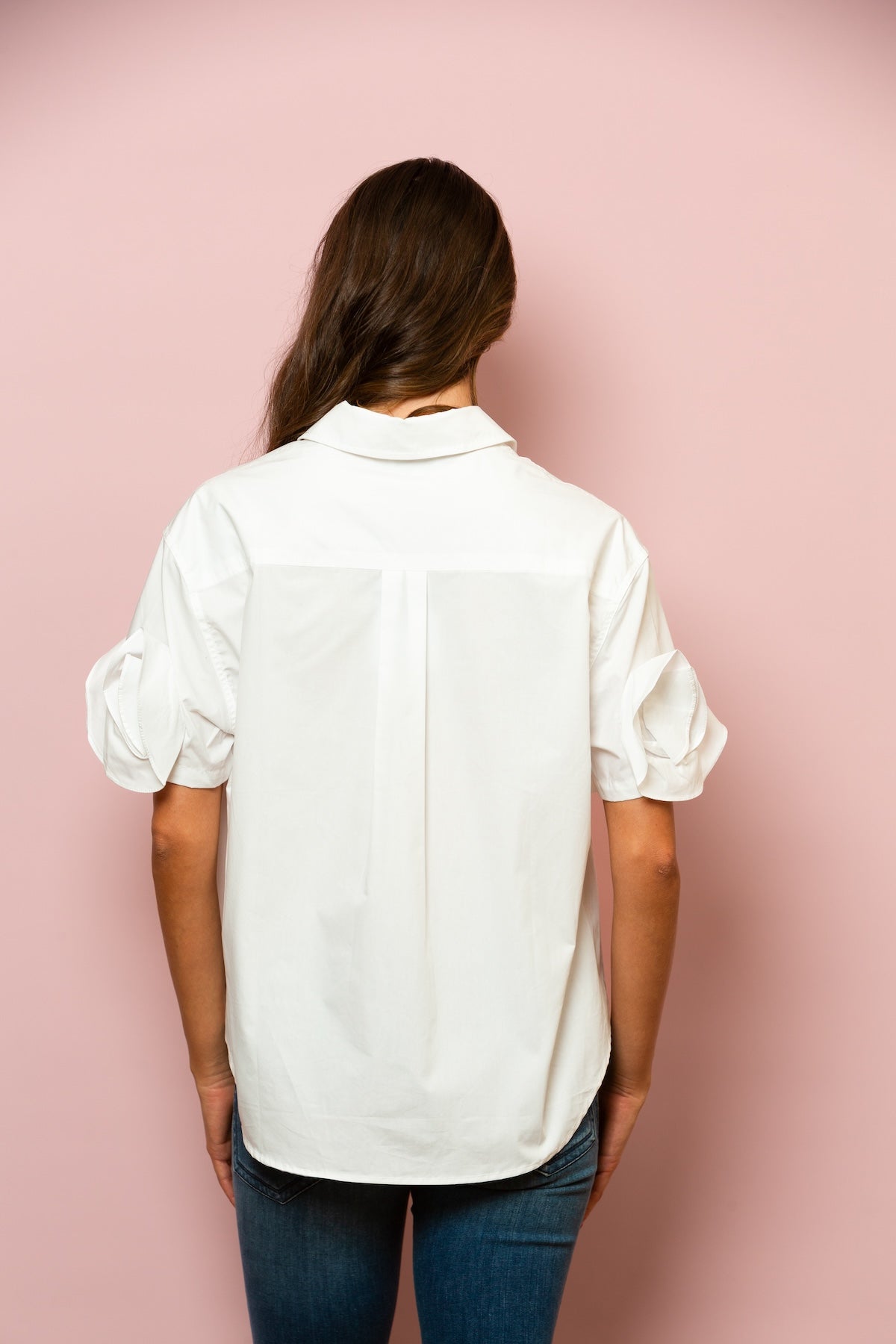 Button Down Cotton Shirt with Flower on Sleeves In White