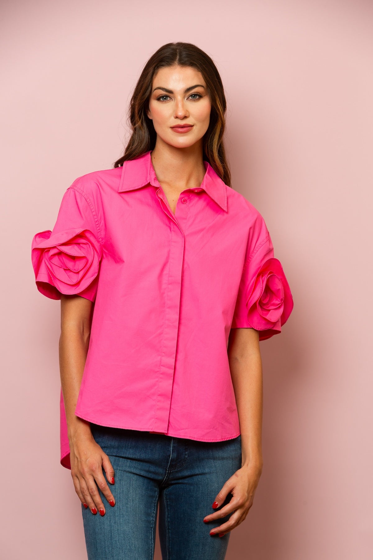 Button Down Cotton Shirt with Flower on Sleeves In Fuchsia