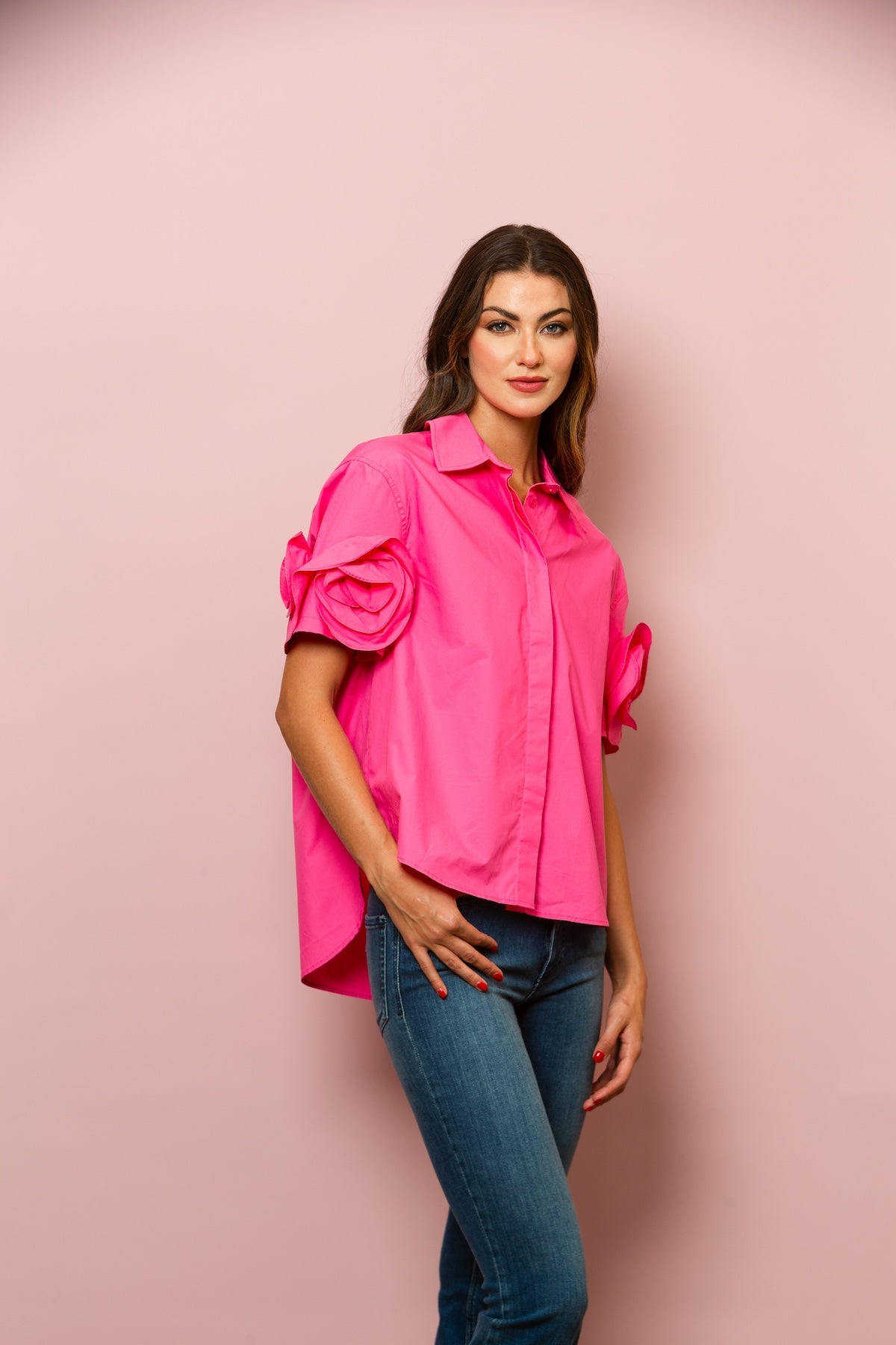 Button Down Cotton Shirt with Flower on Sleeves In Fuchsia