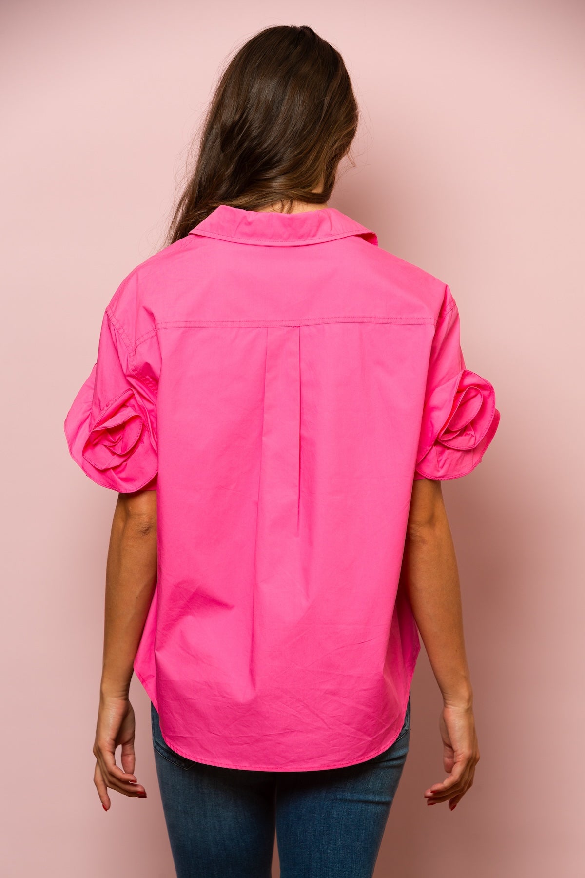 Button Down Cotton Shirt with Flower on Sleeves In Fuchsia