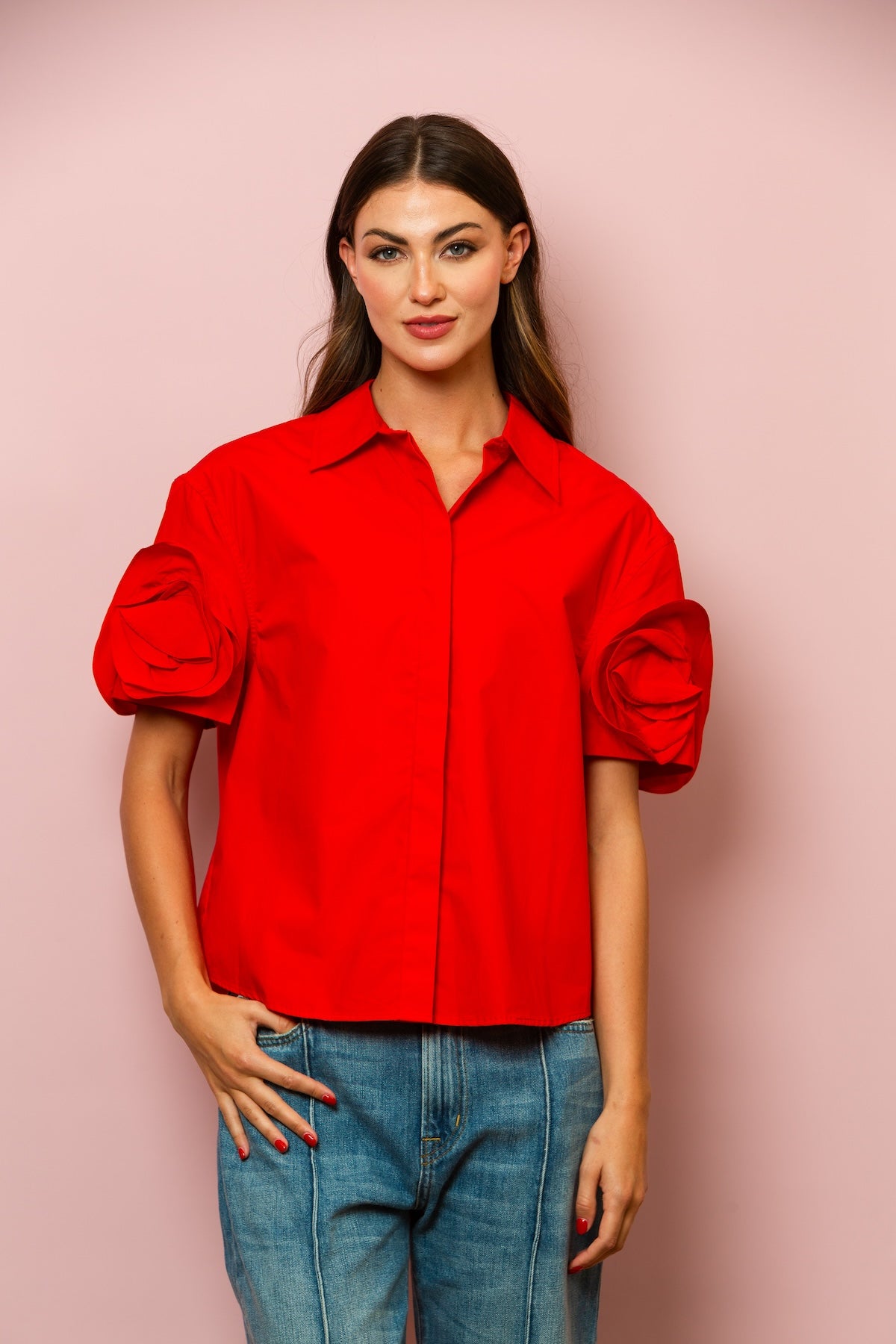 Button Down Cotton Shirt with Flower on Sleeves In Red