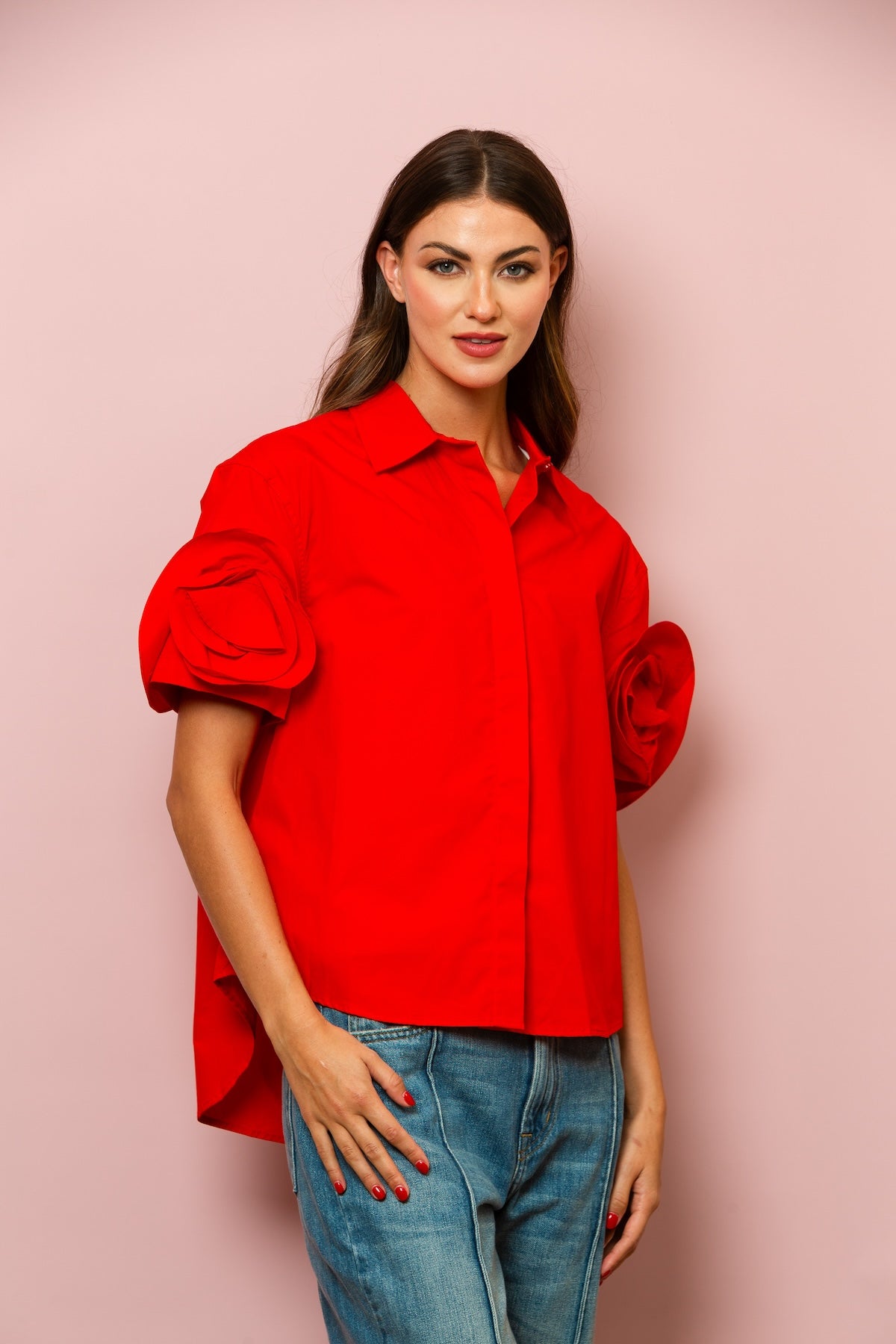 Button Down Cotton Shirt with Flower on Sleeves In Red