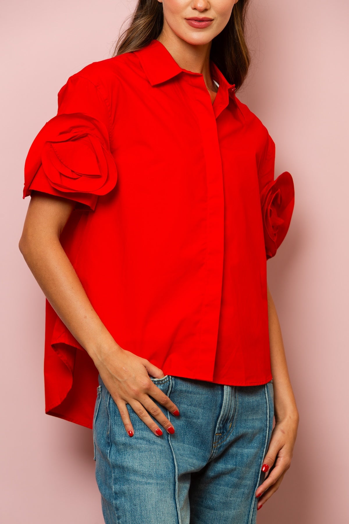 Button Down Cotton Shirt with Flower on Sleeves In Red