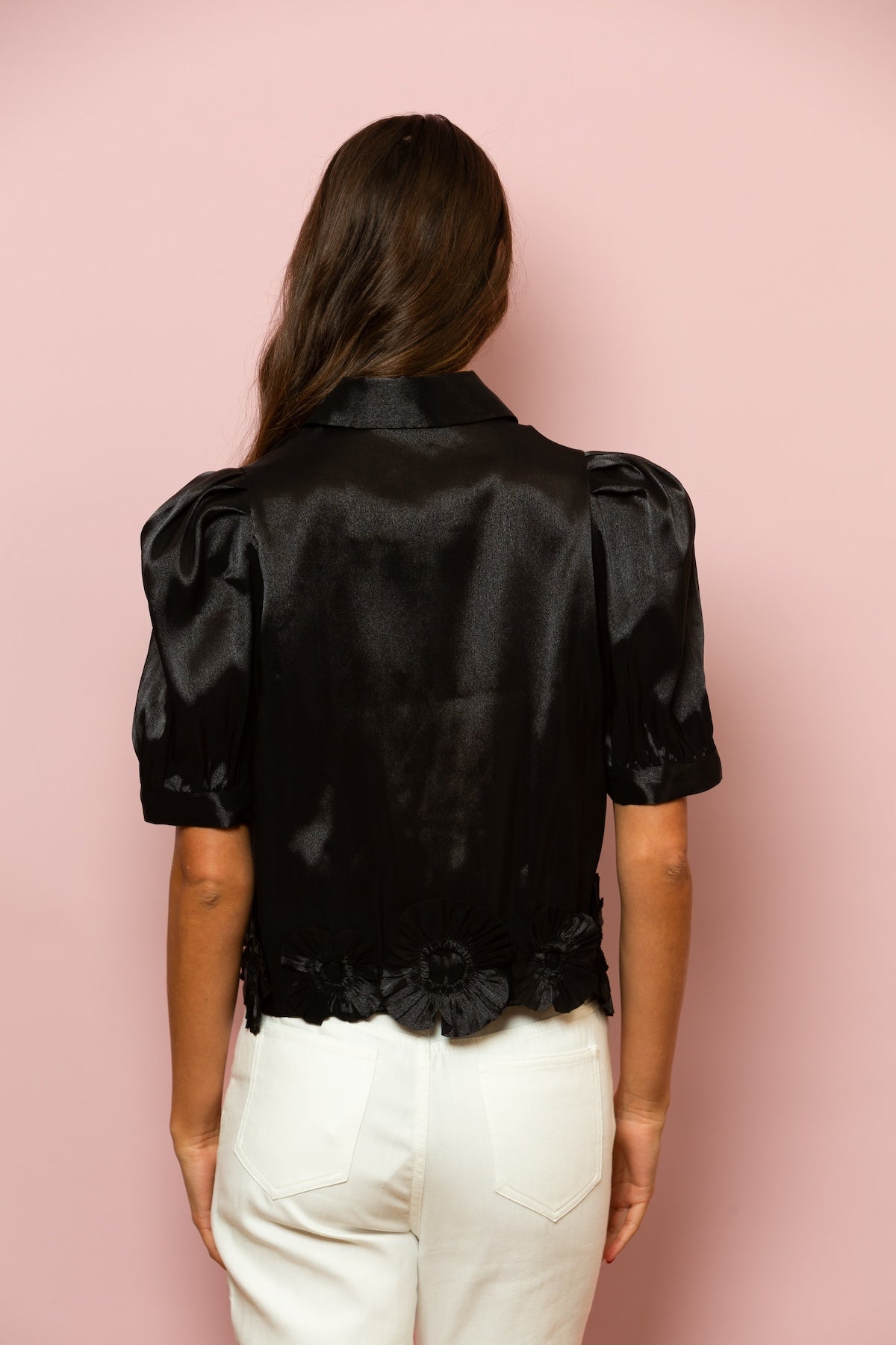 Puff Sleeve Button Down Blouse with Flower Appliques on the Hem In Black