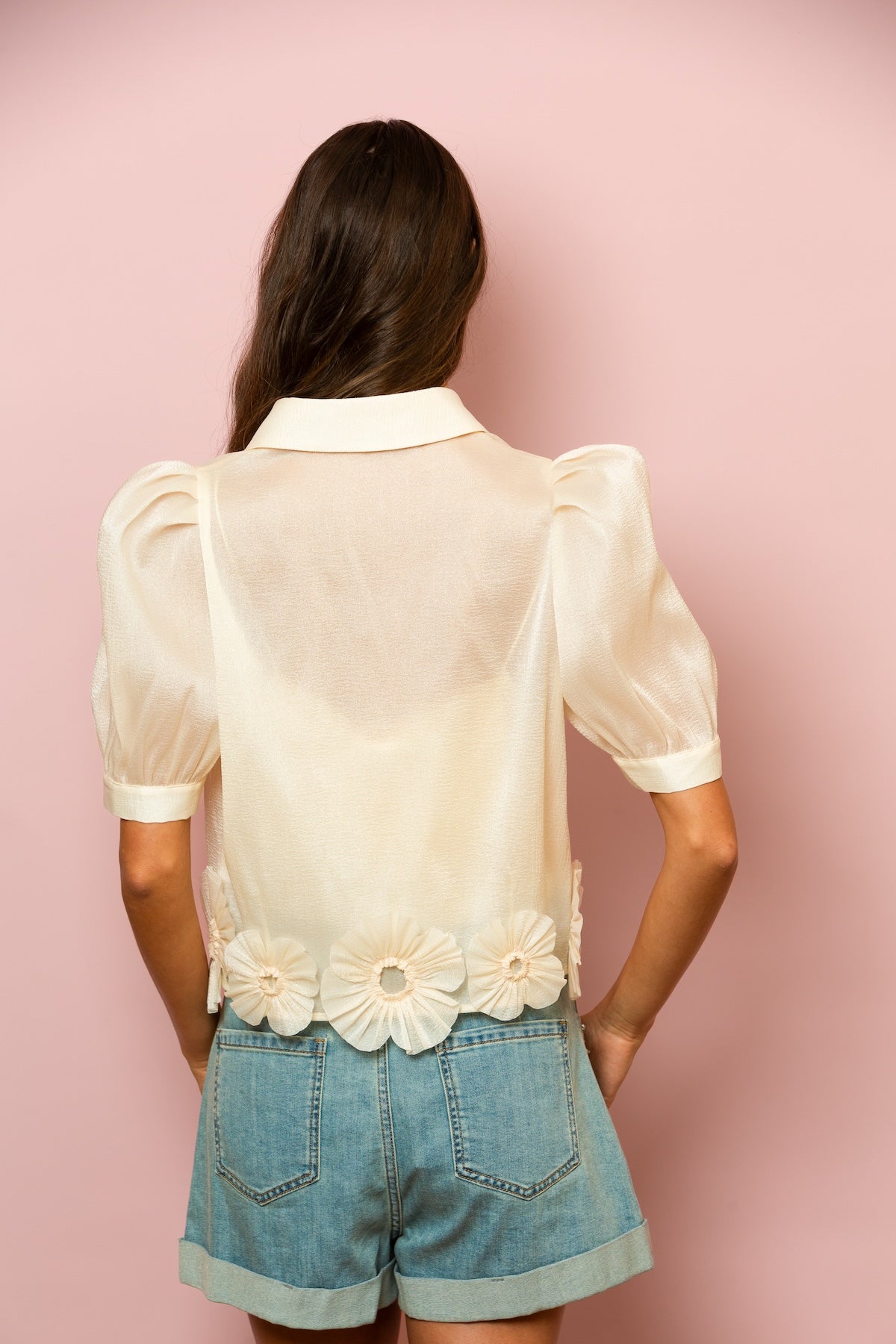 Puff Sleeve Button Down Blouse with Flower Appliques on the Hem In Ivory