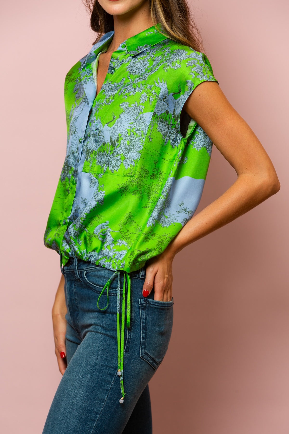 Sleeveless Button Down Printed Silk Blouse With A Drawstring In Green/Blue