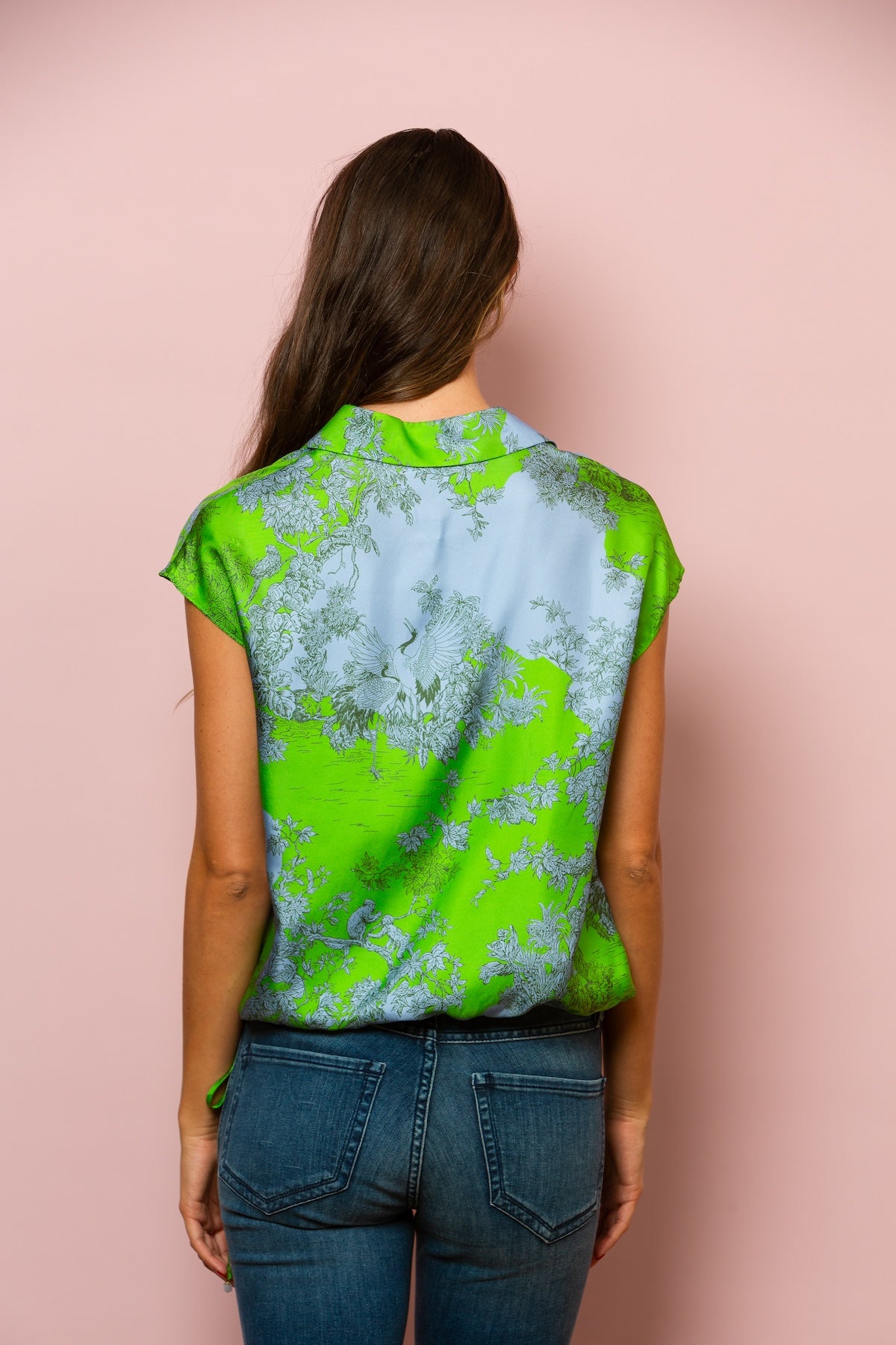 Sleeveless Button Down Printed Silk Blouse With A Drawstring In Green/Blue