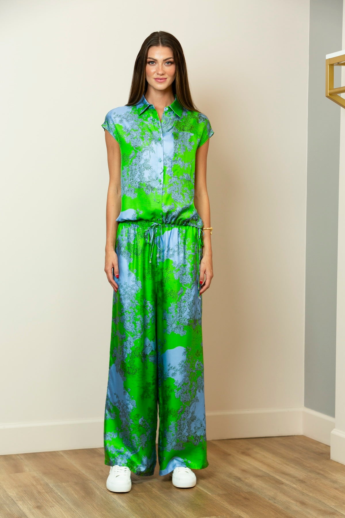 Printed Wide Leg Pants with Elastic Waistband In Greem/Blue