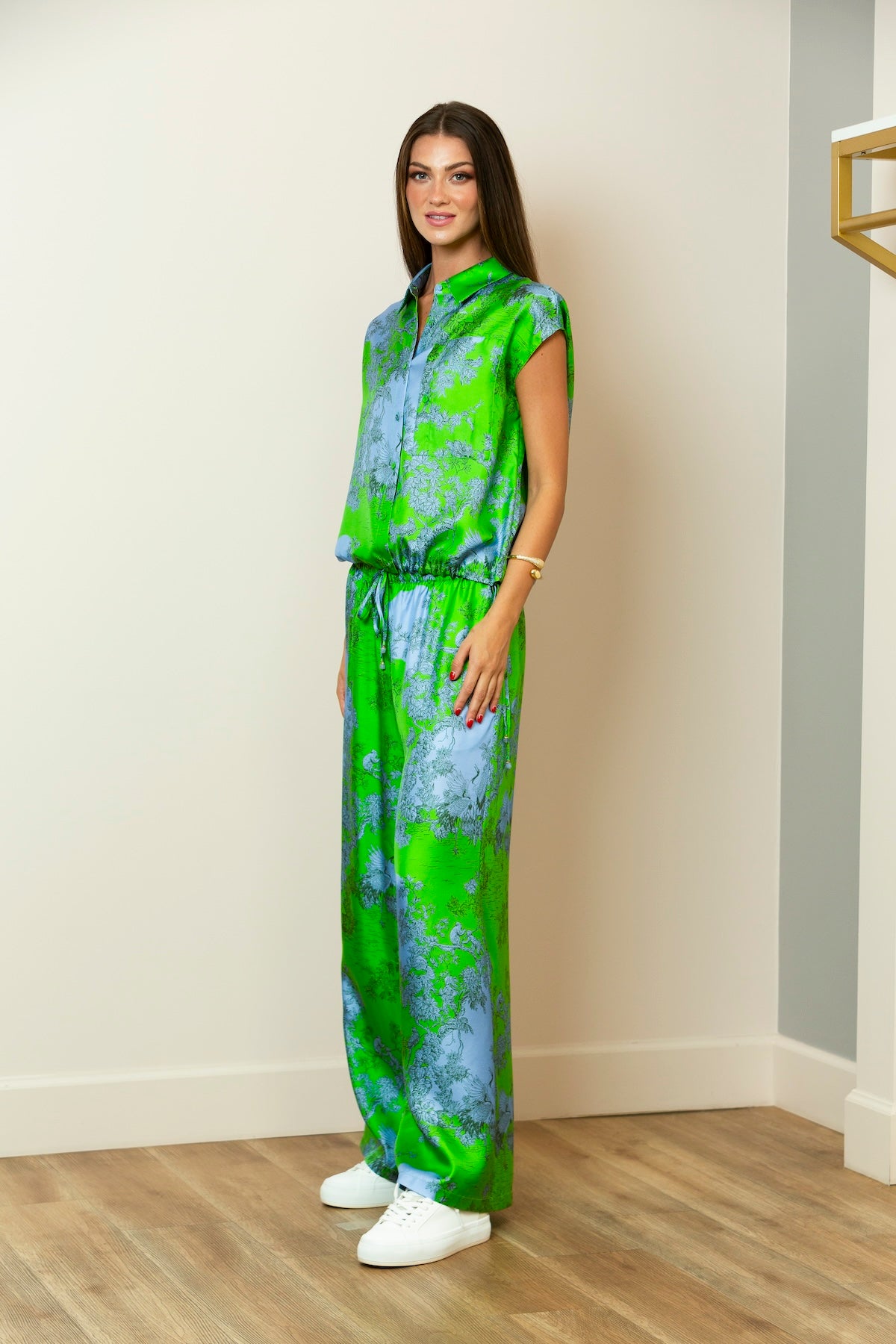 Printed Wide Leg Pants with Elastic Waistband In Greem/Blue