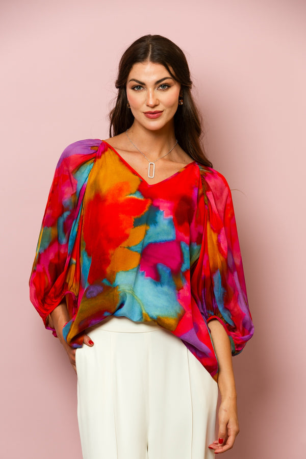 Raglan Puff Sleeve Silk Blouse In Red