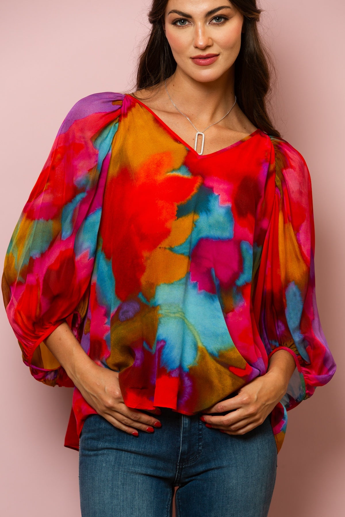 Raglan Puff Sleeve Silk Blouse In Red