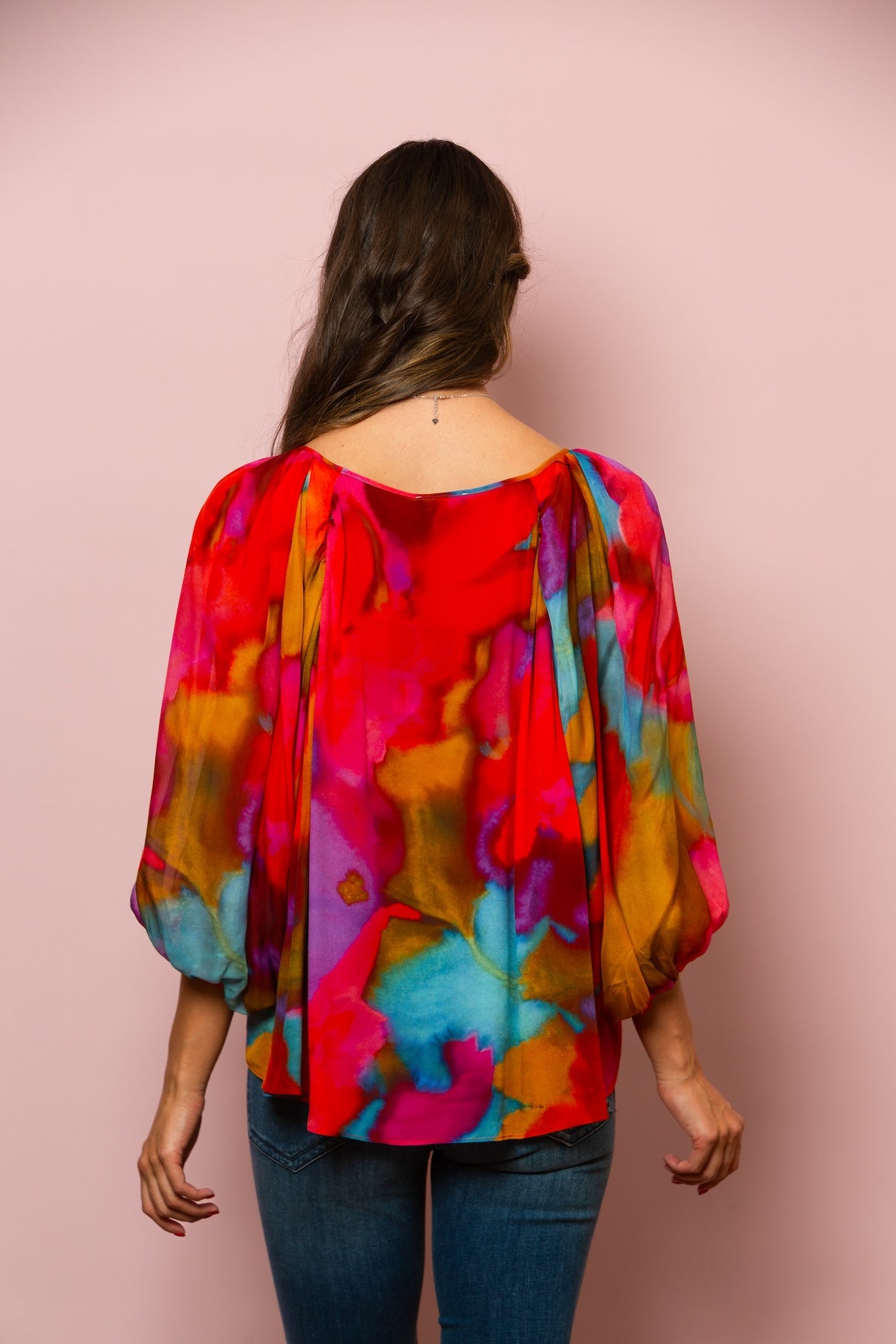 Raglan Puff Sleeve Silk Blouse In Red