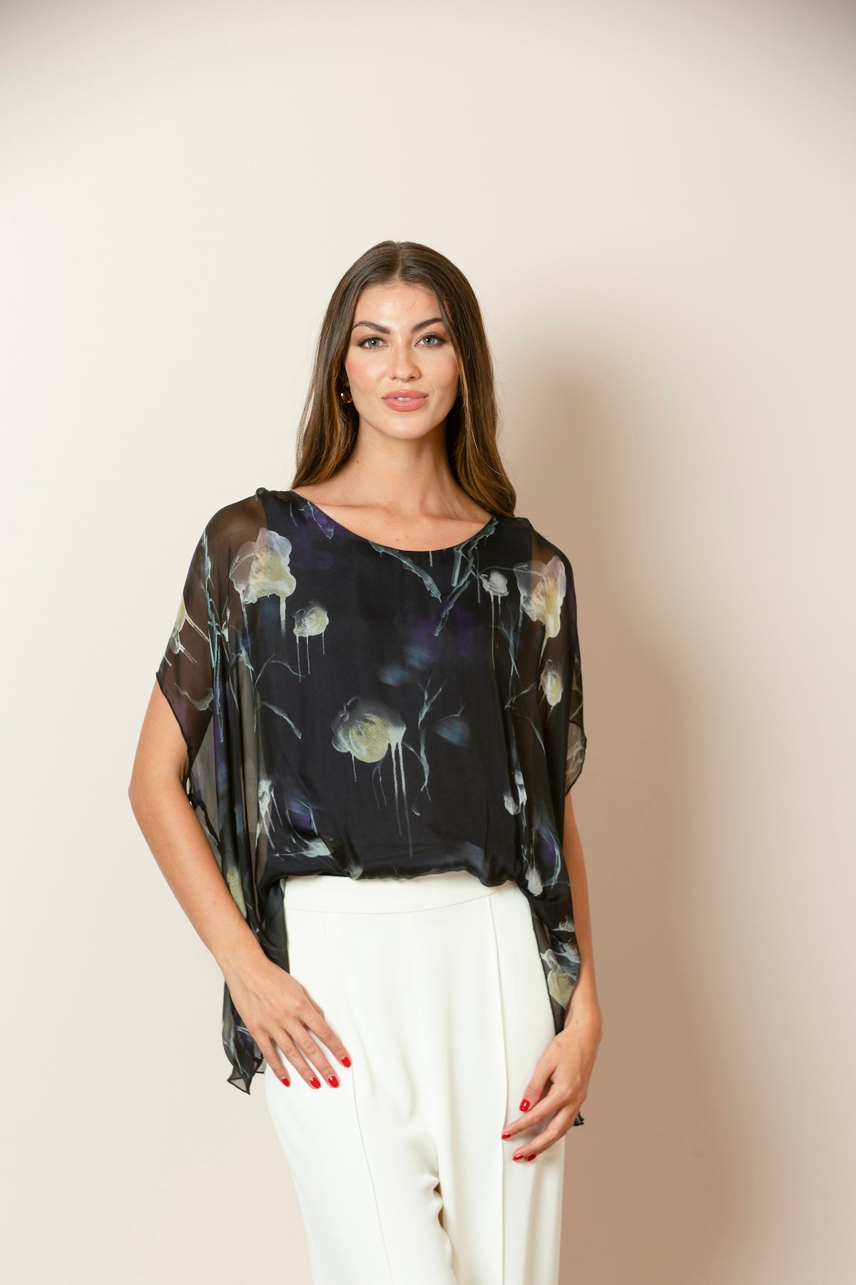 Printed Silk Drape Blouse In Black