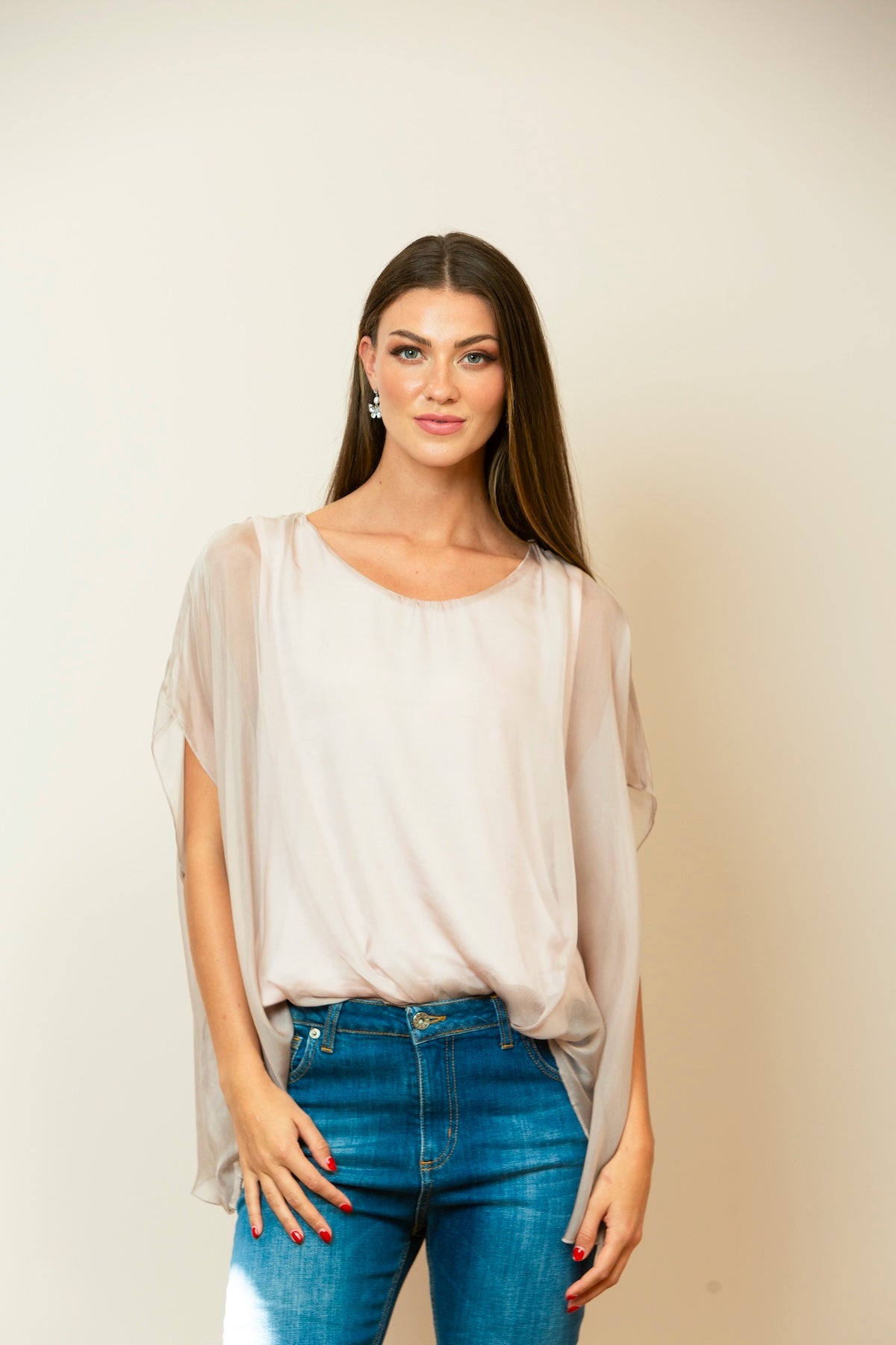 Solid Mulberry Silk Drape Blouse In Blush