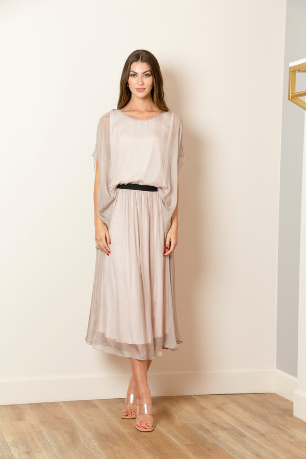 Solid Silk Gather Skirt With Elastic Waistband In Blush