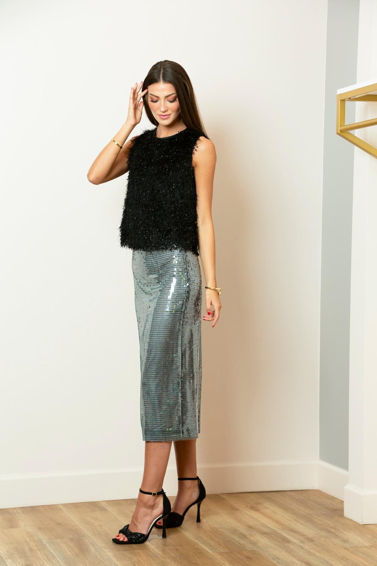 Sequin Skirt with Contrast Waistband