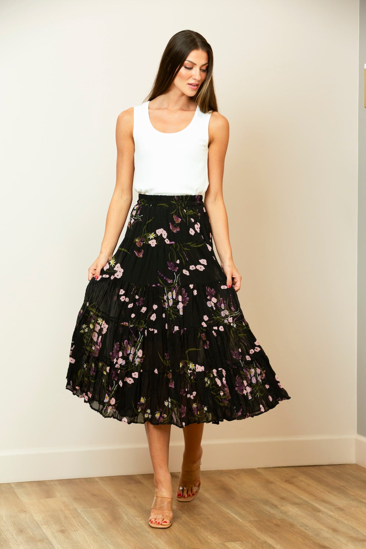 Floral Print Crinkle Skirt In Black/Pink