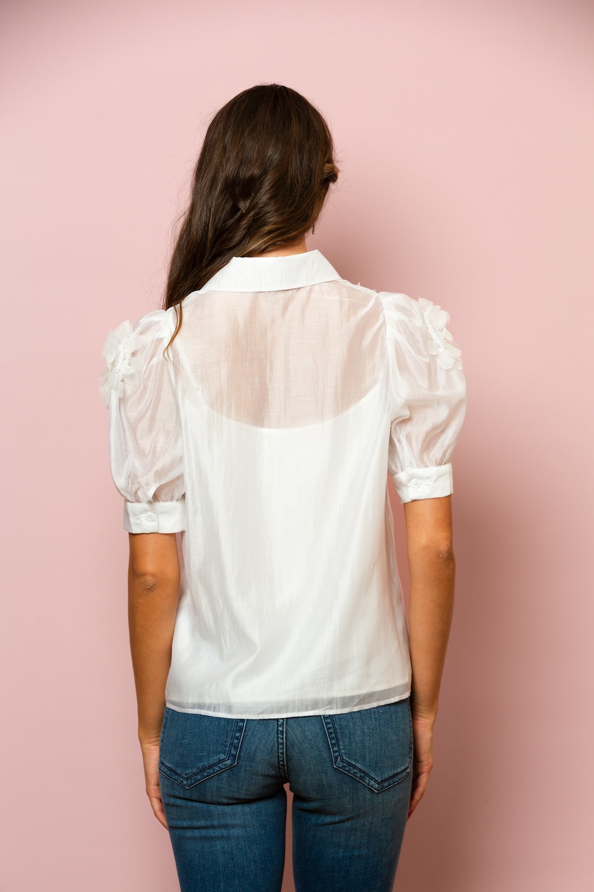 Emery Tencel Blouse with Flower Appliqué In White