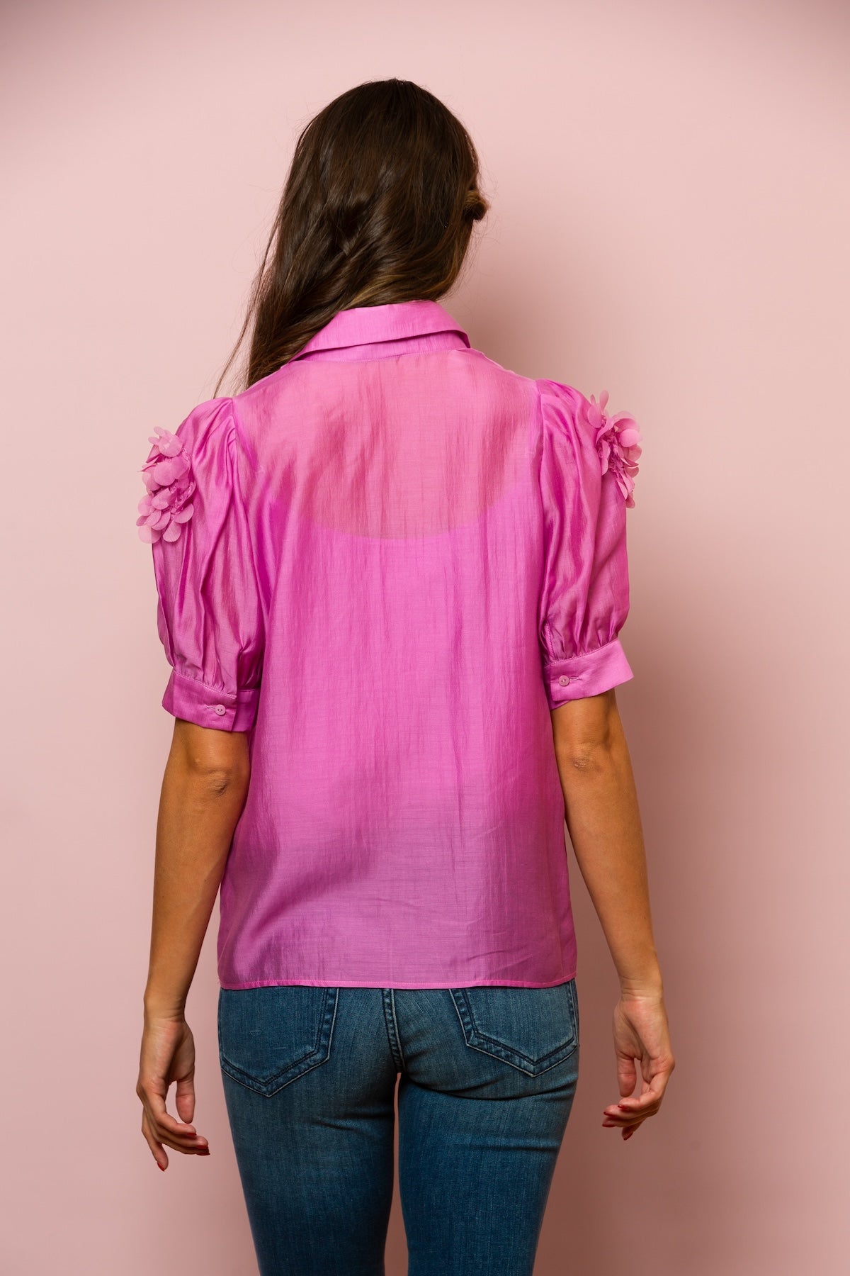 Emery Tencel Blouse with Flower Appliqué In Rose Pink