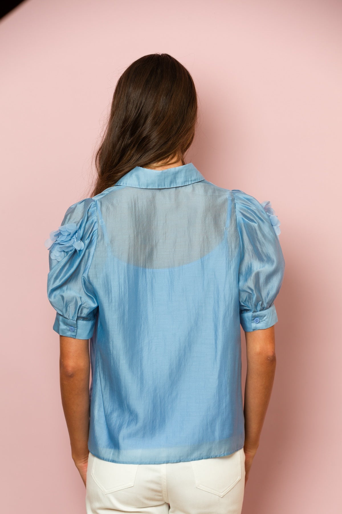 Emery Tencel Blouse with Flower Appliqué In Blue