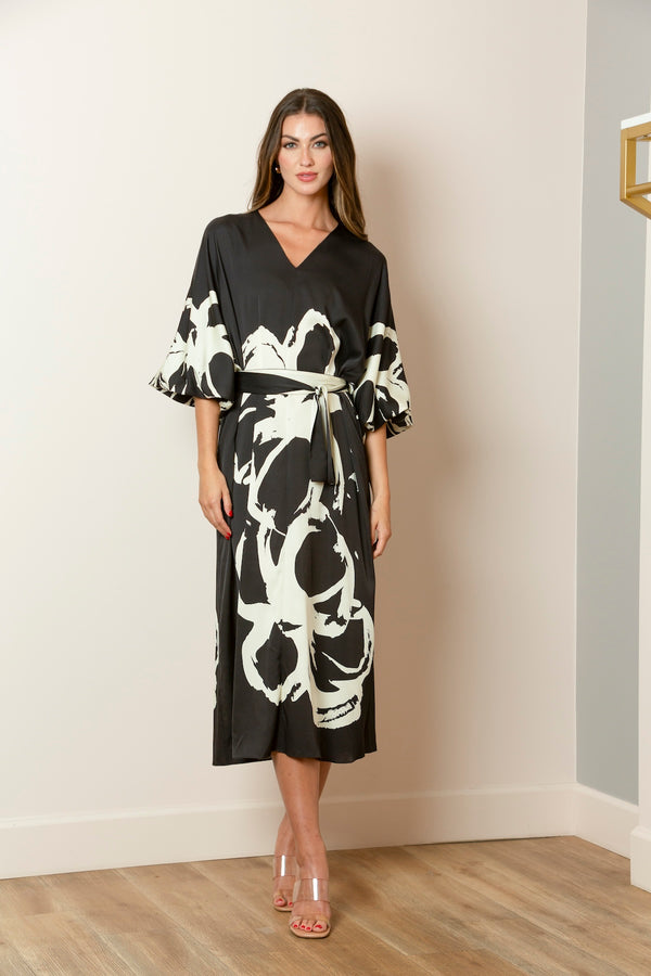 Printed Silk Tunic Dress with Dolman Sleeves In Black/Ivory