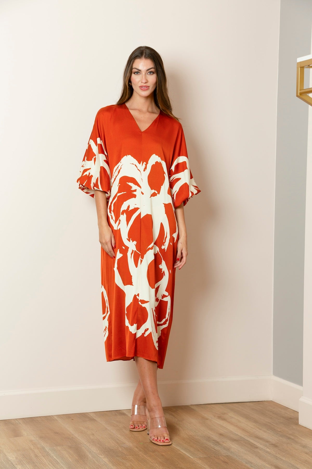 Printed Silk Tunic Dress with Dolman Sleeves In Persimmon/Ivory