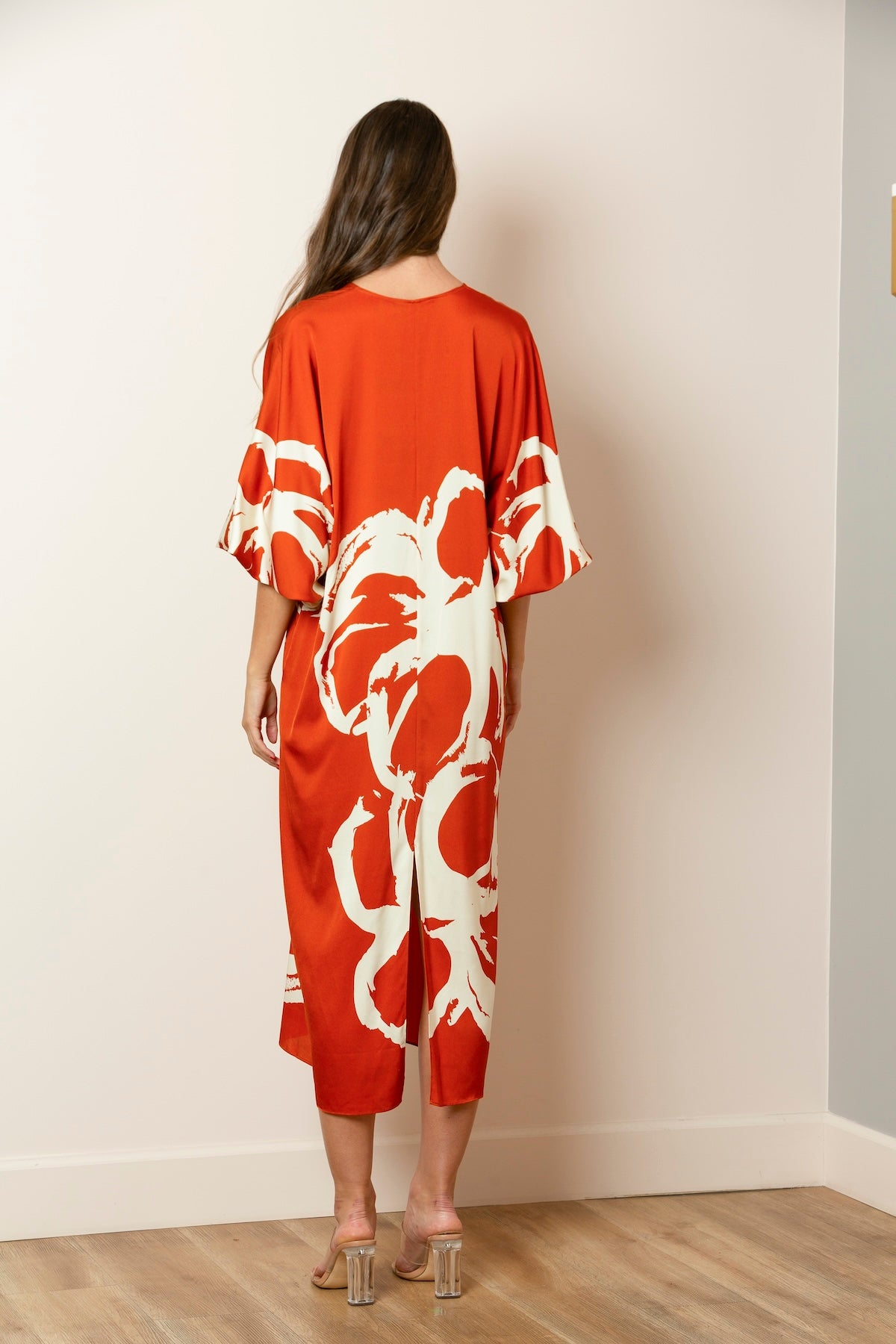 Printed Silk Tunic Dress with Dolman Sleeves In Persimmon/Ivory