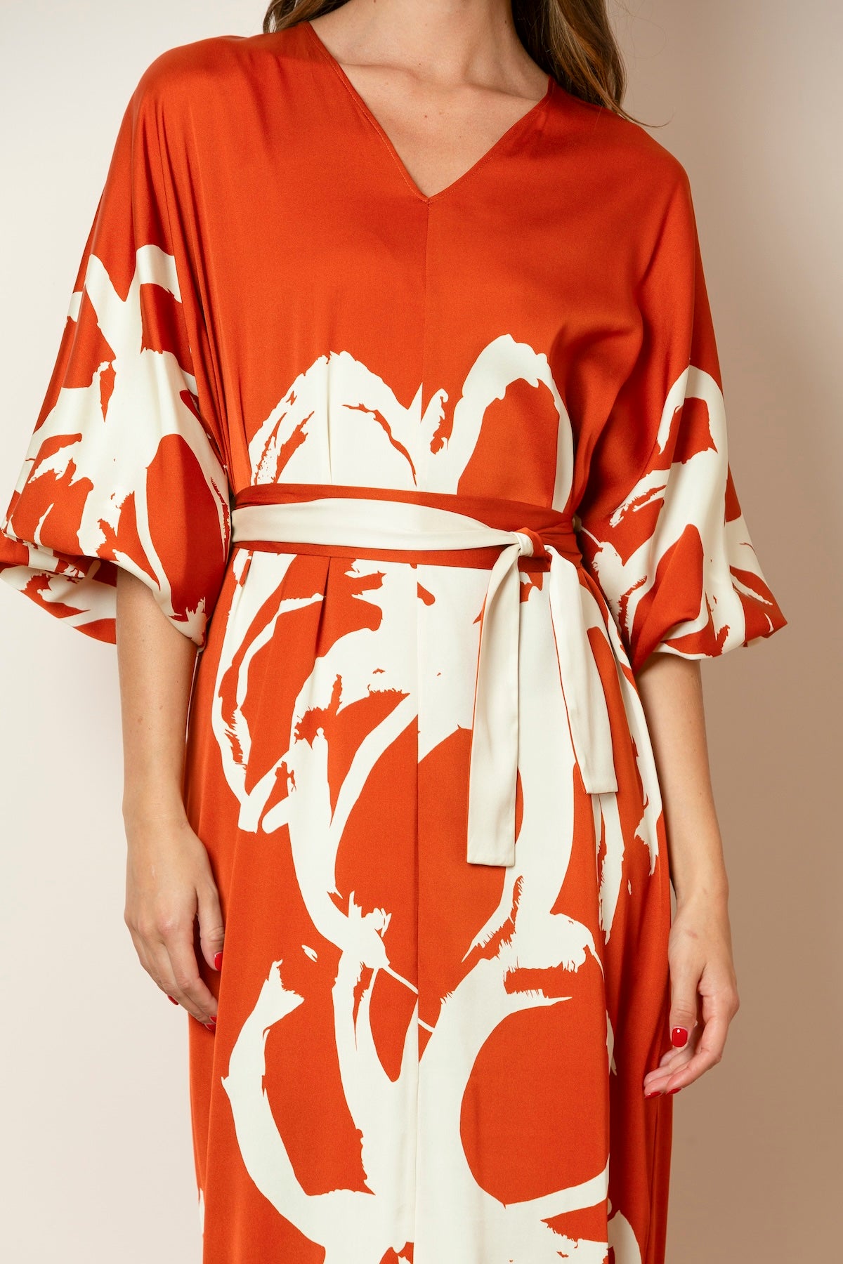 Printed Silk Tunic Dress with Dolman Sleeves In Persimmon/Ivory