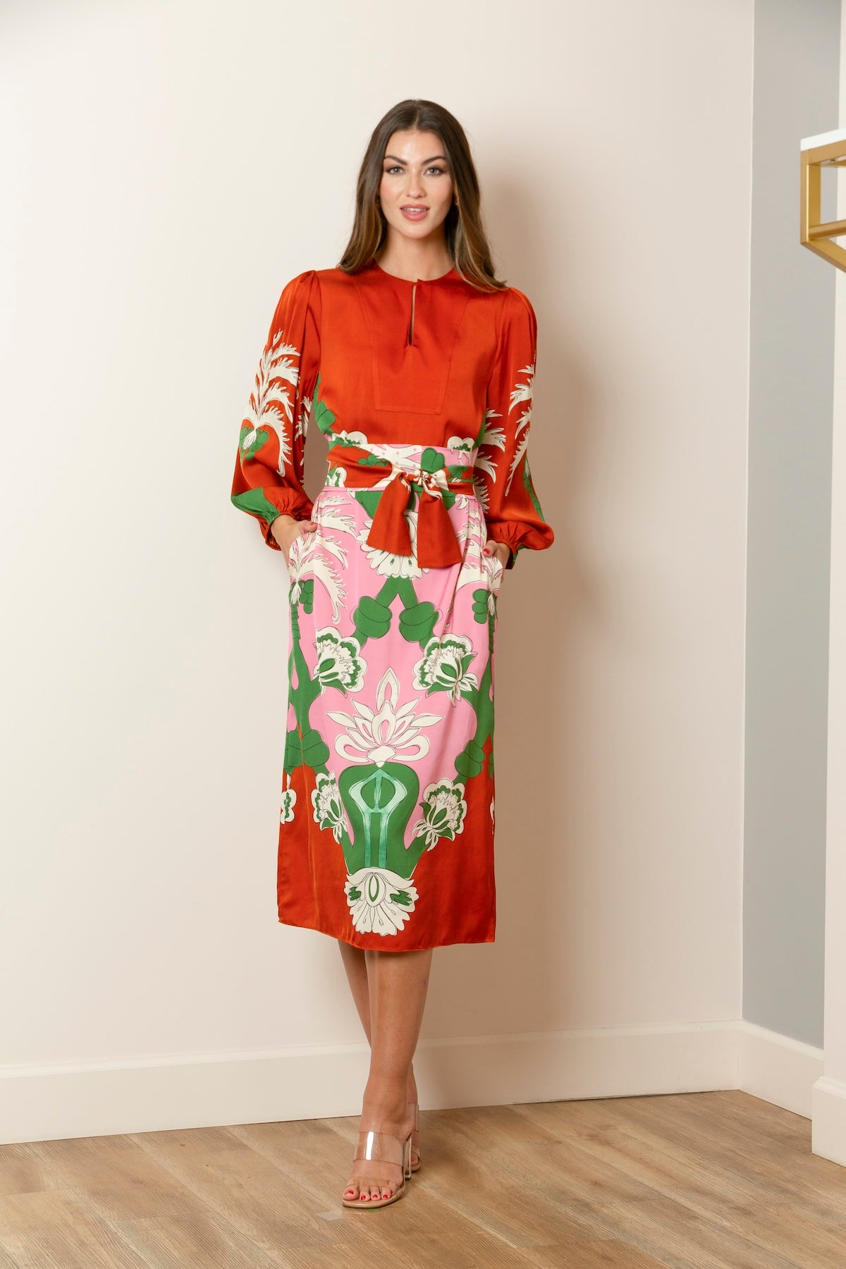 Printed Silk Dress with a Front Keyhole Opening In Persimmon/Pink