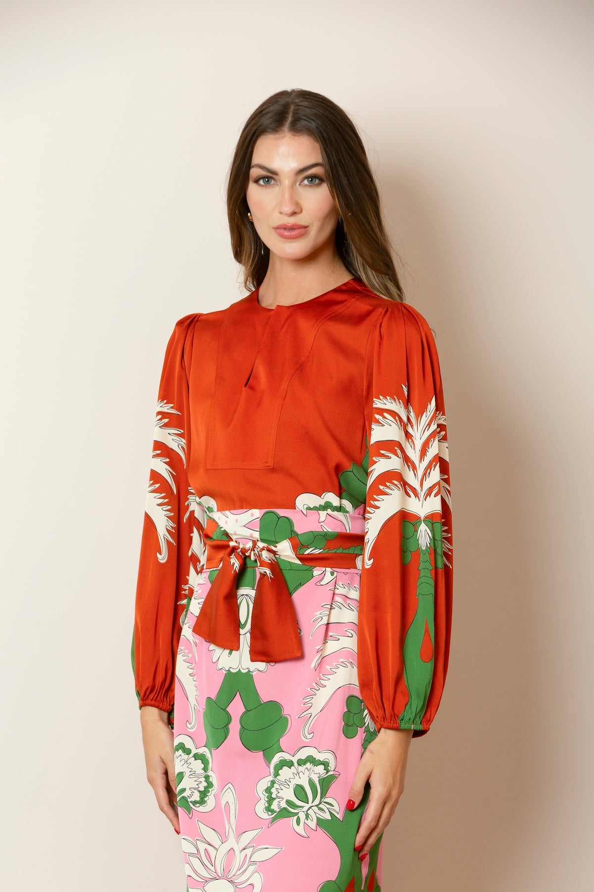 Printed Silk Dress with a Front Keyhole Opening In Persimmon/Pink