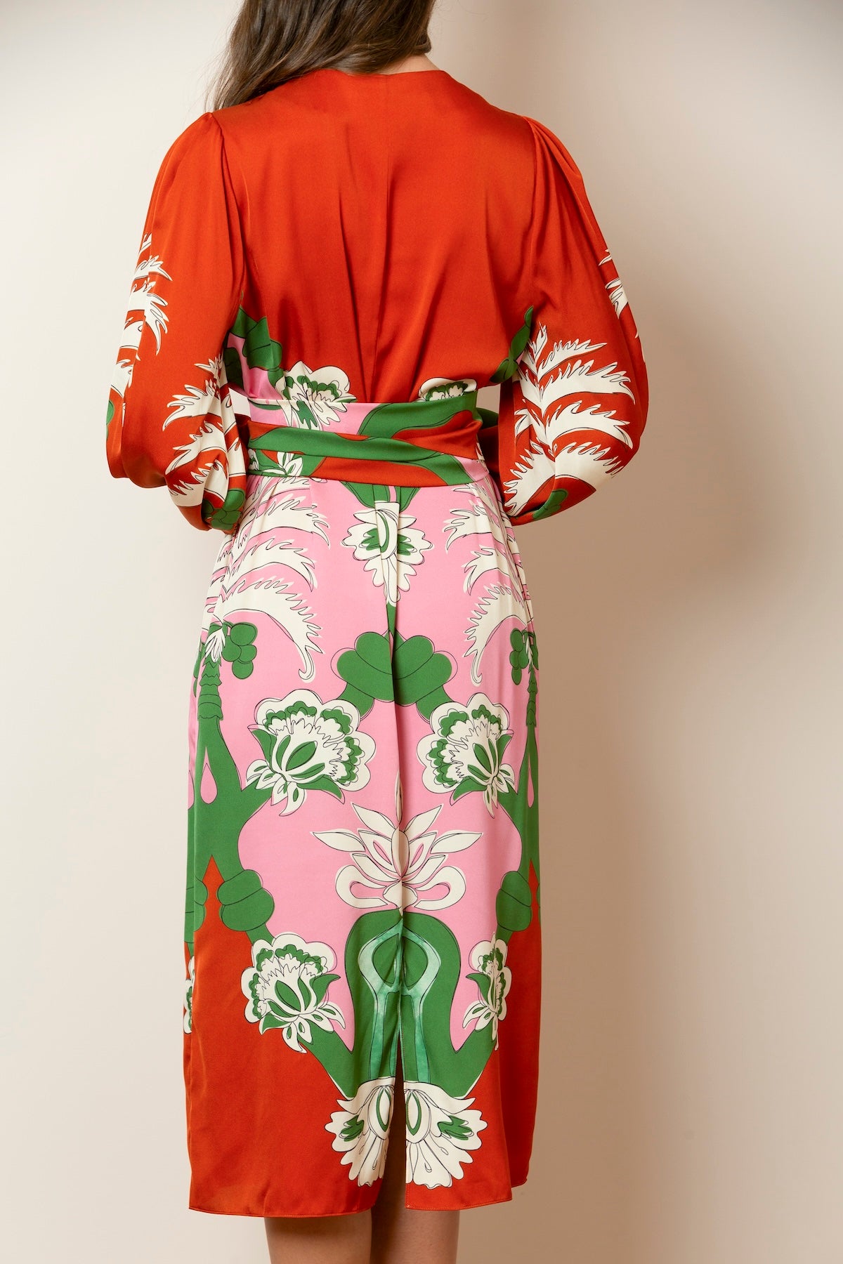 Printed Silk Dress with a Front Keyhole Opening In Persimmon/Pink