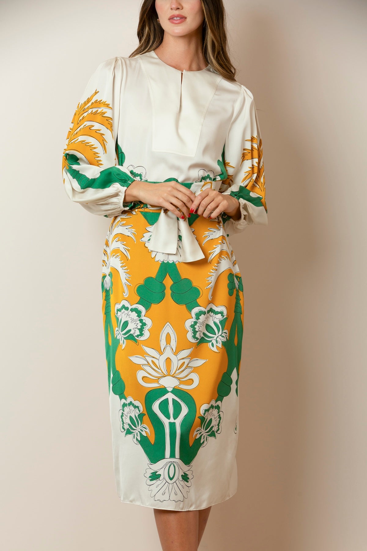 Printed Silk Dress with a Front Keyhole Opening In Ivory/Mustard