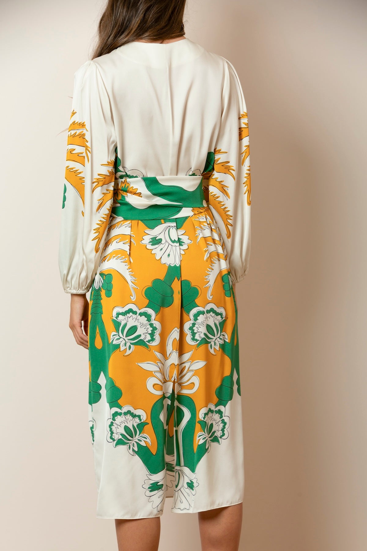 Printed Silk Dress with a Front Keyhole Opening In Ivory/Mustard