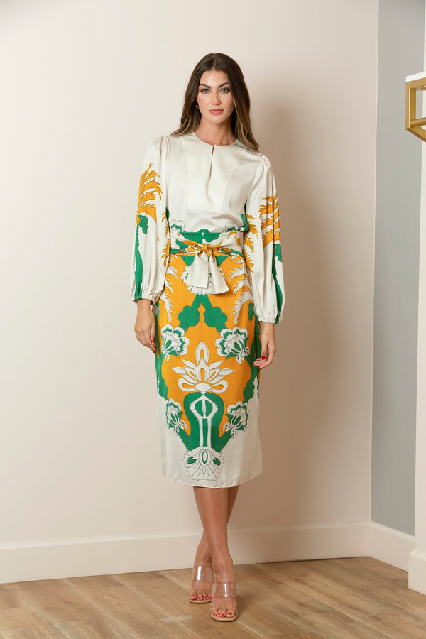 Printed Silk Dress with a Front Keyhole Opening In Ivory/Mustard