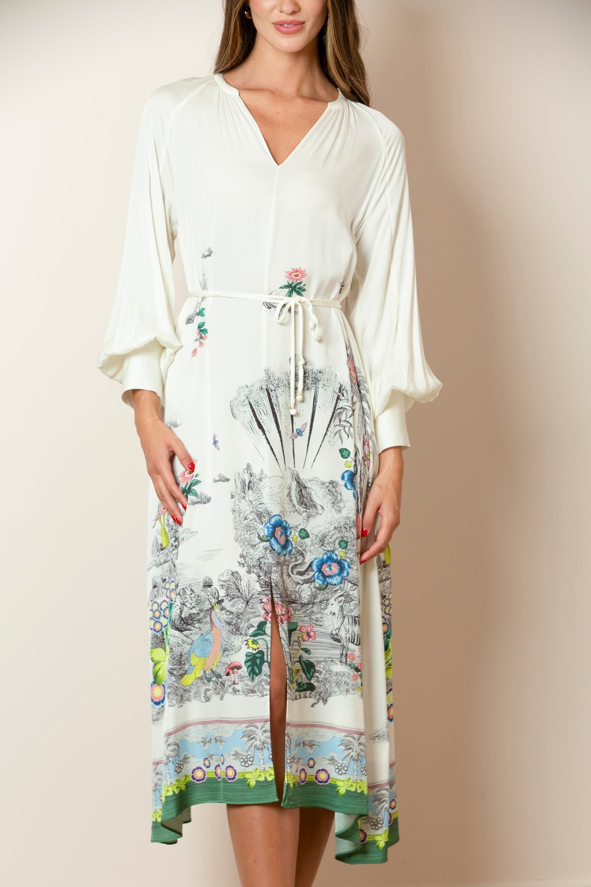 Silk Blend Floral Print Dress with Raglan Puff Sleeves