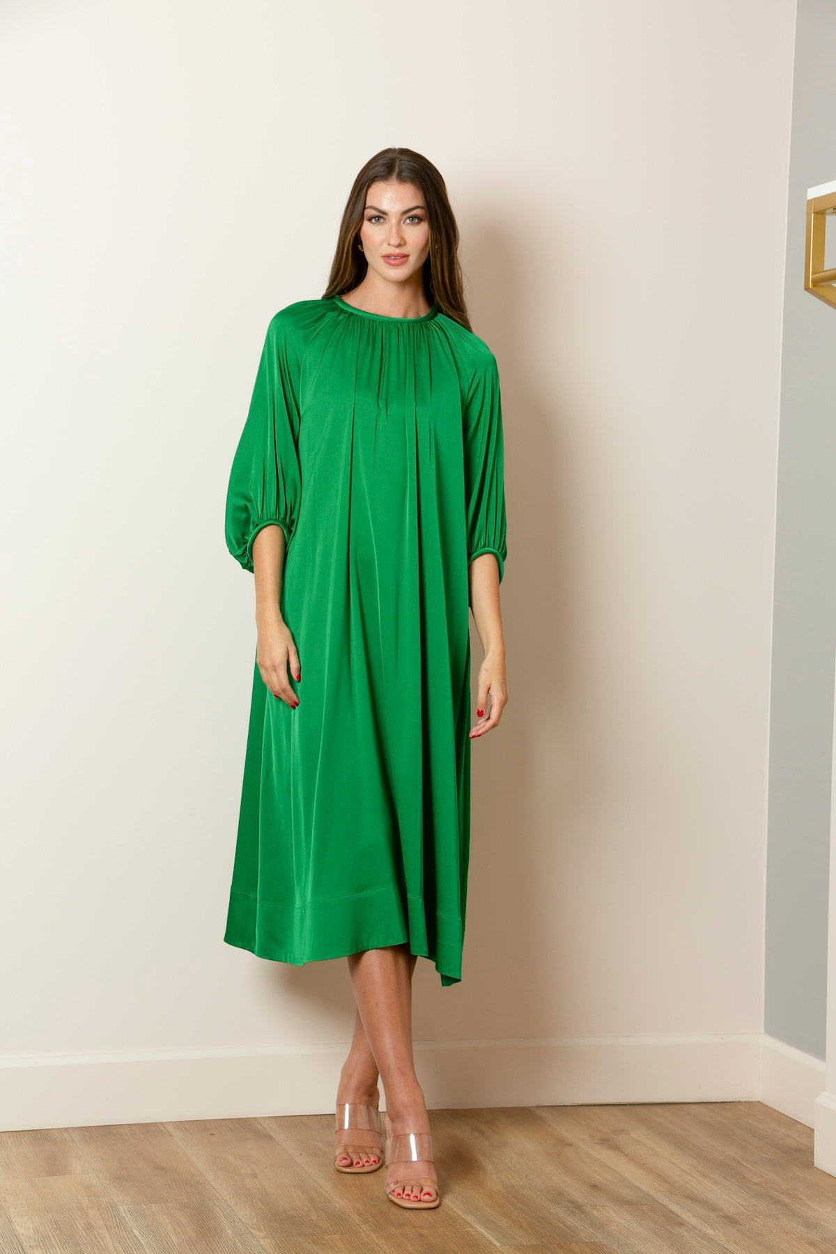 Gathered Neck Line Dress In Green