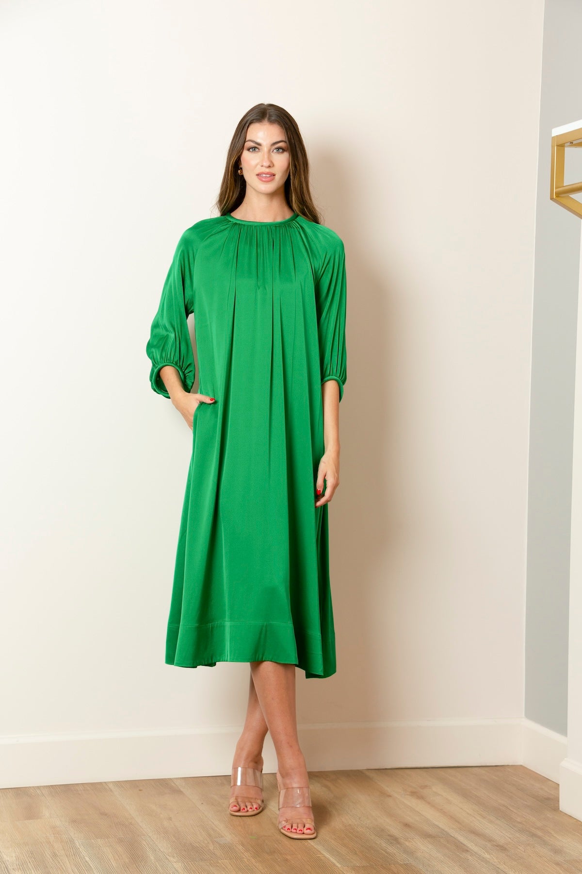 Gathered Neck Line Dress In Green