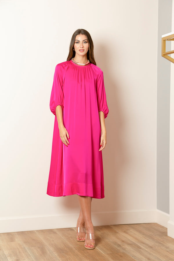 Gathered Neck Line Dress In Fuchsia