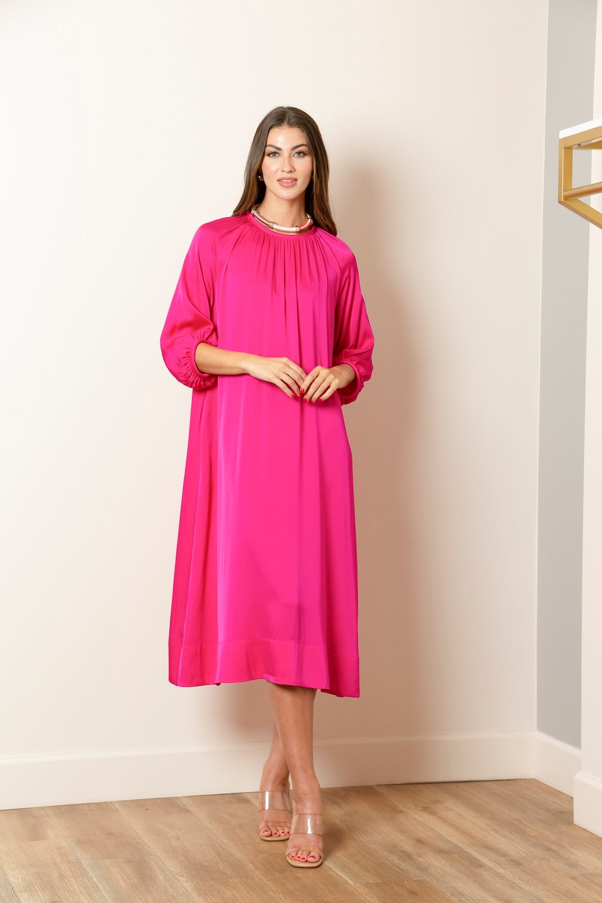 Gathered Neck Line Dress In Fuchsia