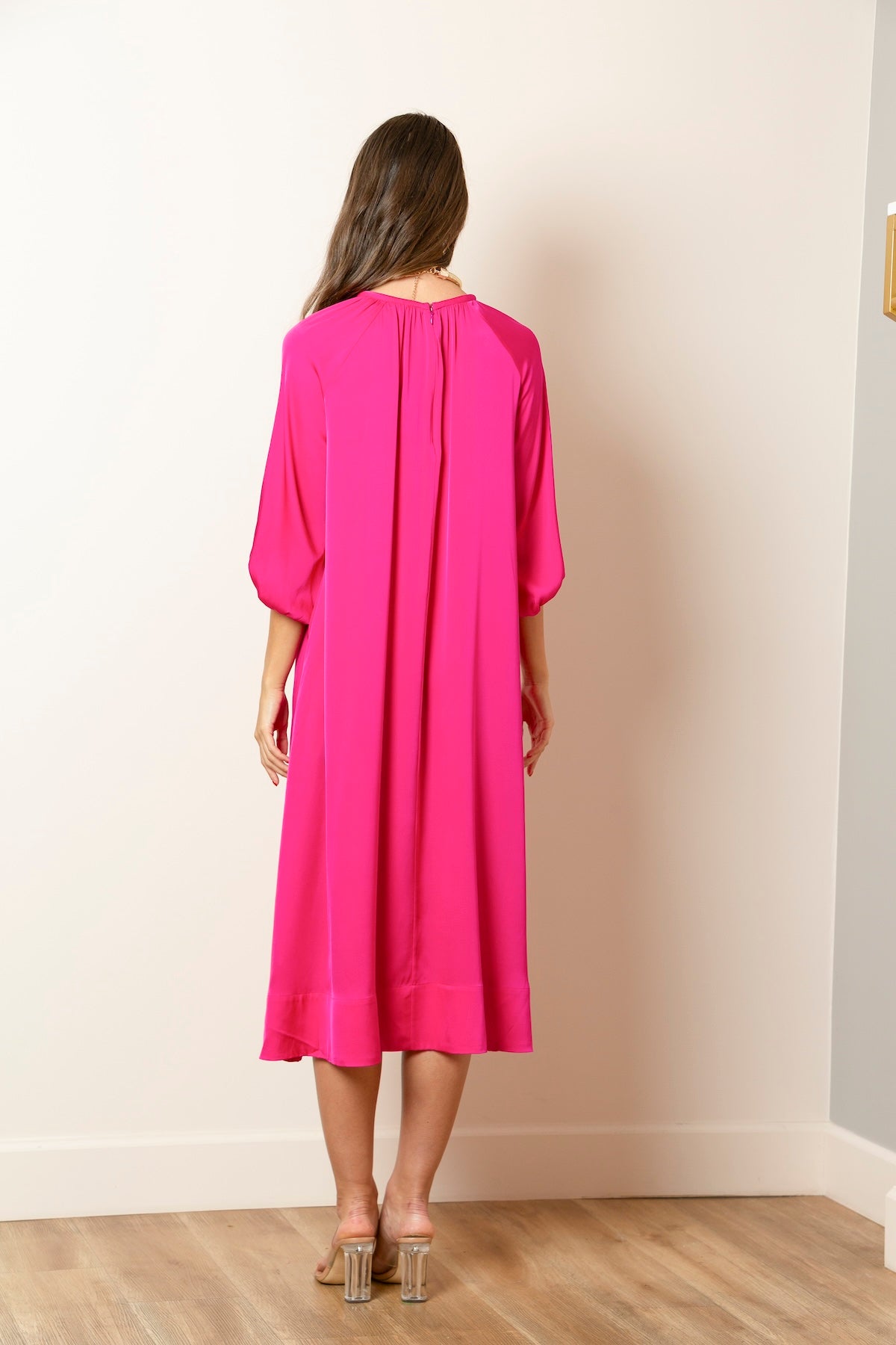 Gathered Neck Line Dress In Fuchsia